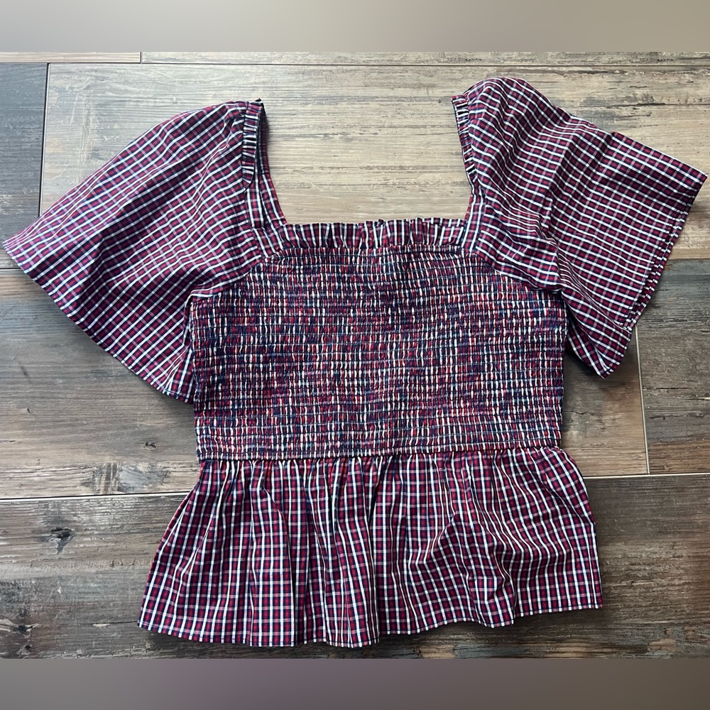 Draper James Deana Smocked Top Red Blue Plaid
Size Medium